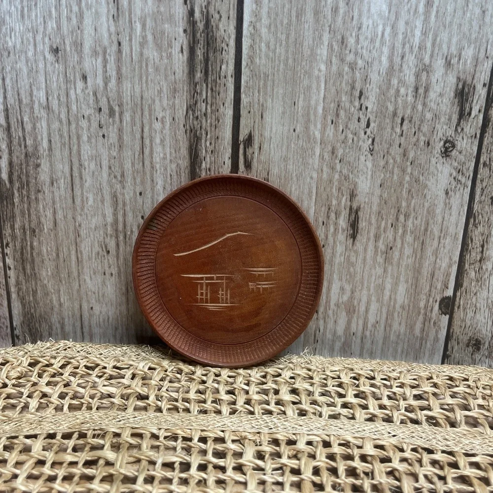 Vintage Coaster Set Asian Landscape Carved Wood Coasters w/ Holder Set of 8